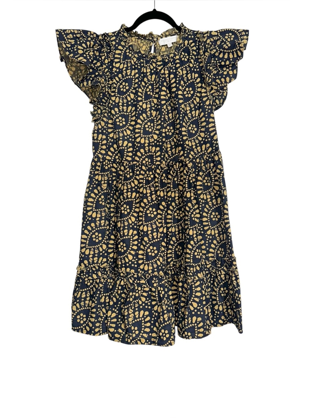 Caroline Constas Navy Mustard Printed Ruffle Tiered Mini Dress SMALL with pocket